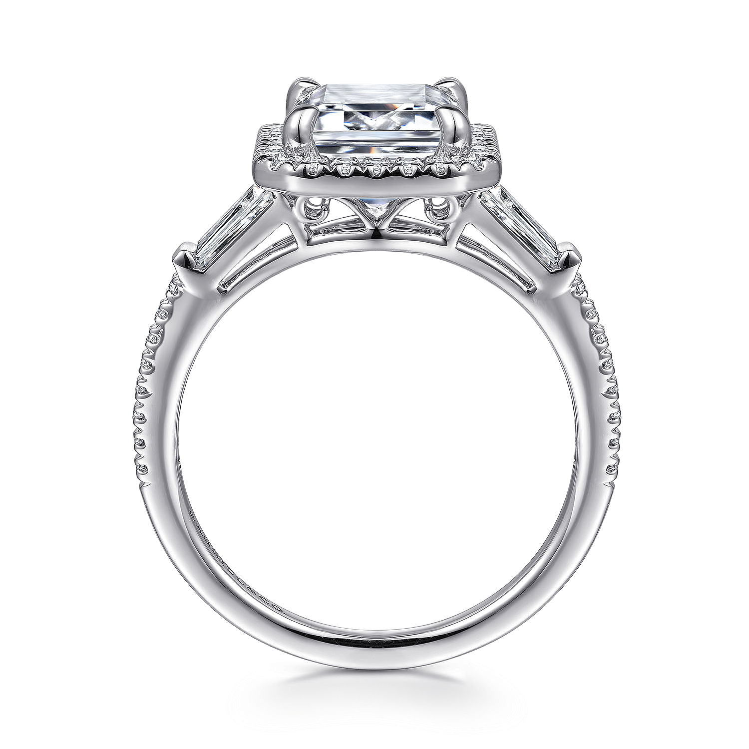 14K White Gold Emerald Three Stone Halo Diamond Engagement Ring
