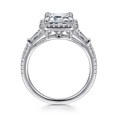 14K White Gold Emerald Three Stone Halo Diamond Engagement Ring