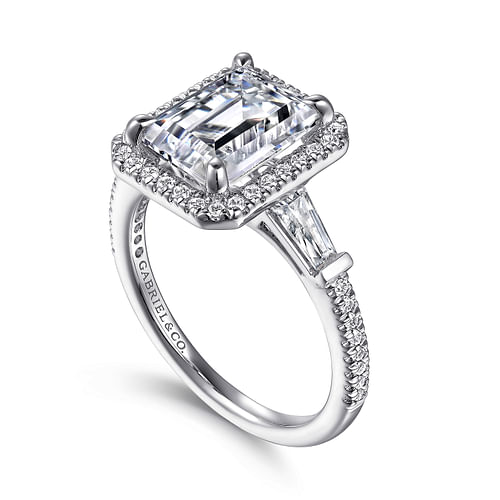 14K White Gold Emerald Three Stone Halo Diamond Engagement Ring
