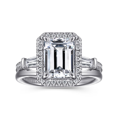 14K White Gold Emerald Three Stone Halo Diamond Engagement Ring
