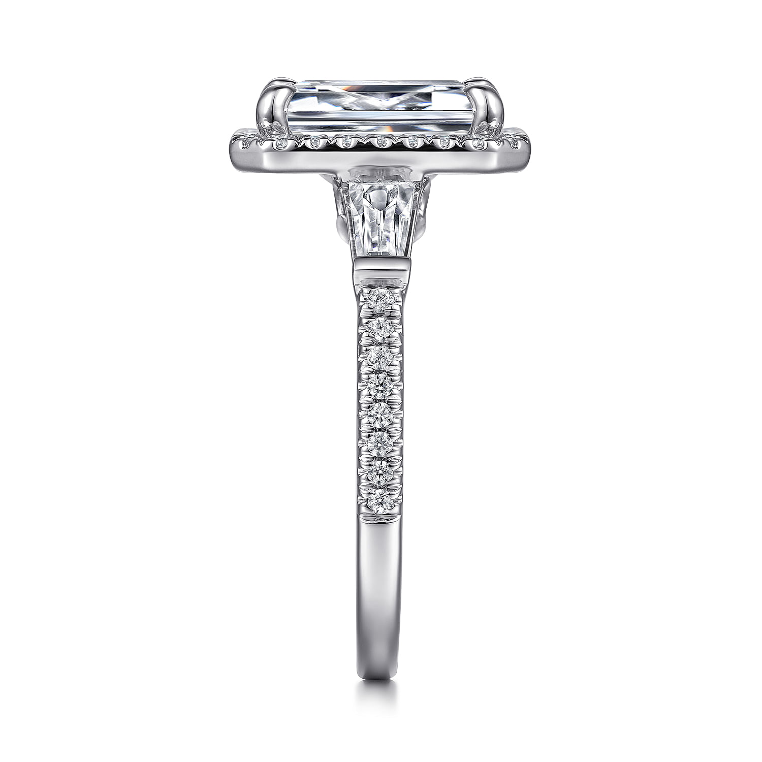 14K White Gold Emerald Three Stone Halo Diamond Engagement Ring