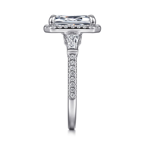 14K White Gold Emerald Three Stone Halo Diamond Engagement Ring