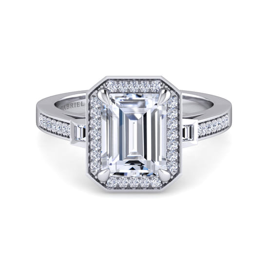 Gabriel - 14K White Gold Emerald Three Stone Halo Diamond Engagement Ring