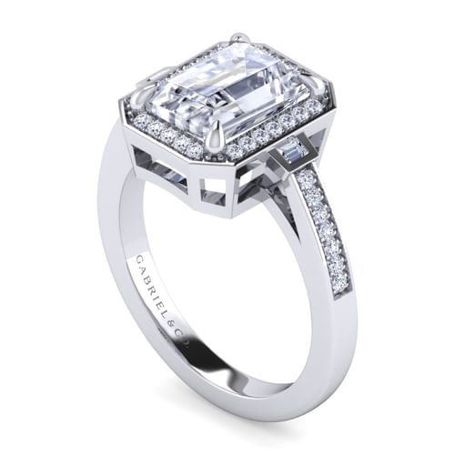 14K White Gold Emerald Three Stone Halo Diamond Engagement Ring