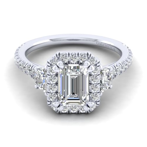 14K White Gold Emerald Three Stone Halo Diamond Engagement Ring