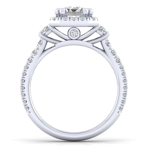 14K White Gold Emerald Three Stone Halo Diamond Engagement Ring
