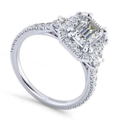 14K White Gold Emerald Three Stone Halo Diamond Engagement Ring
