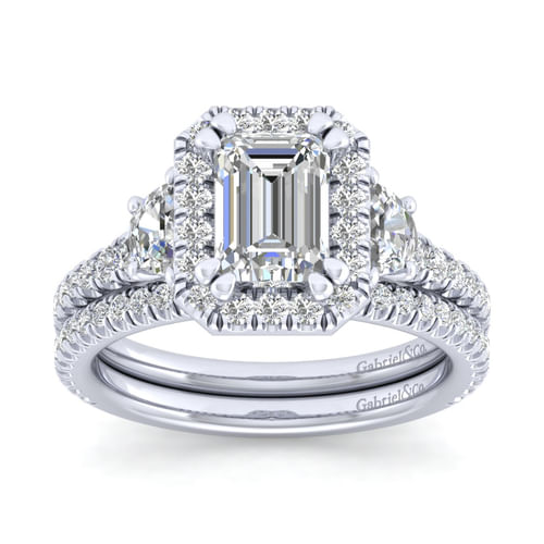 14K White Gold Emerald Three Stone Halo Diamond Engagement Ring