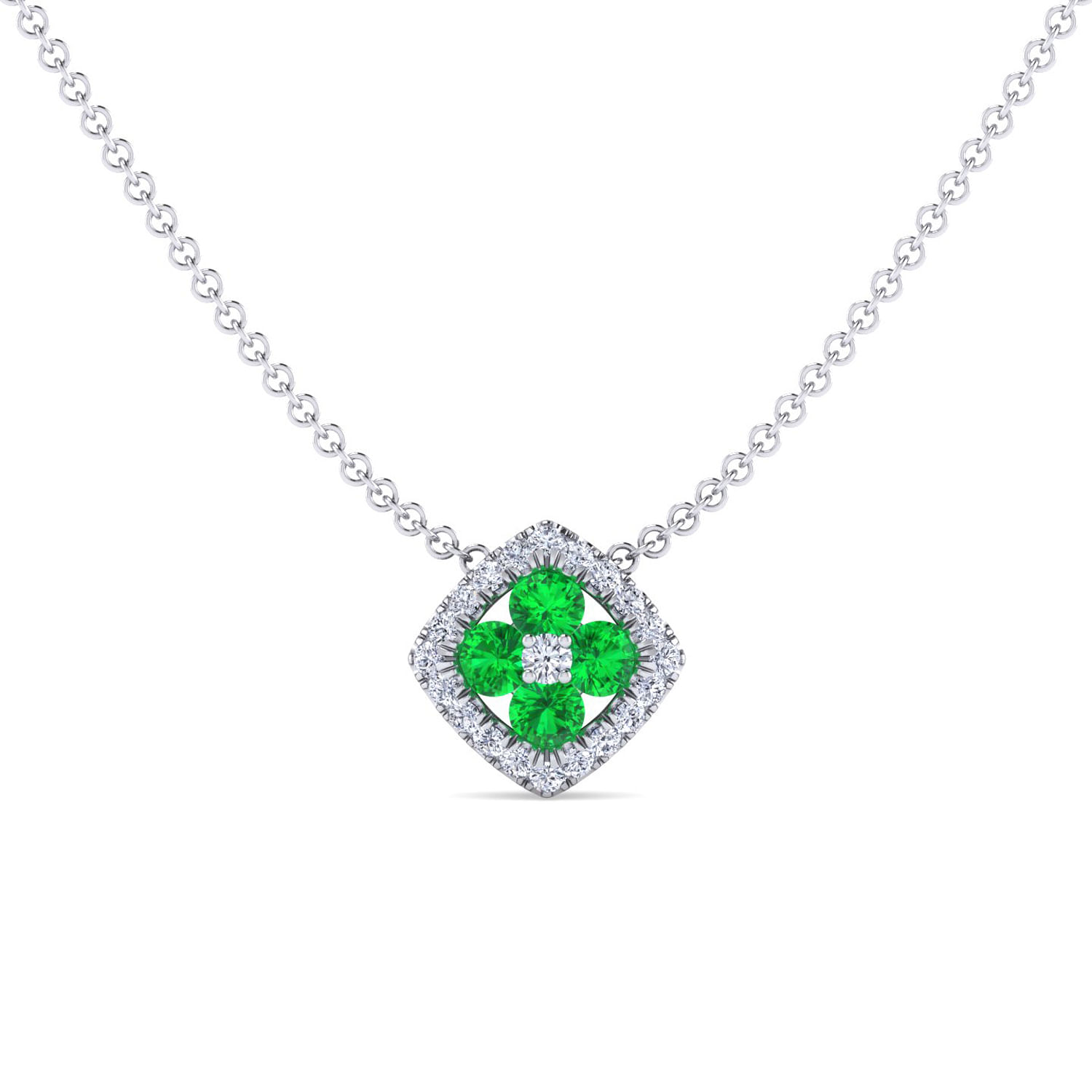 14K White Gold Emerald and Diamond Halo Floral Pendant Necklace