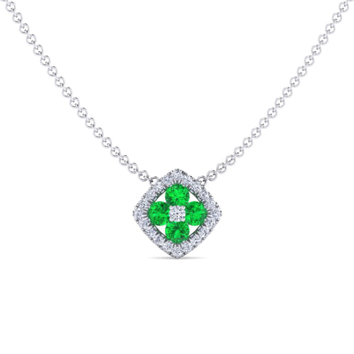 14K White Gold Emerald and Diamond Halo Floral Pendant Necklace