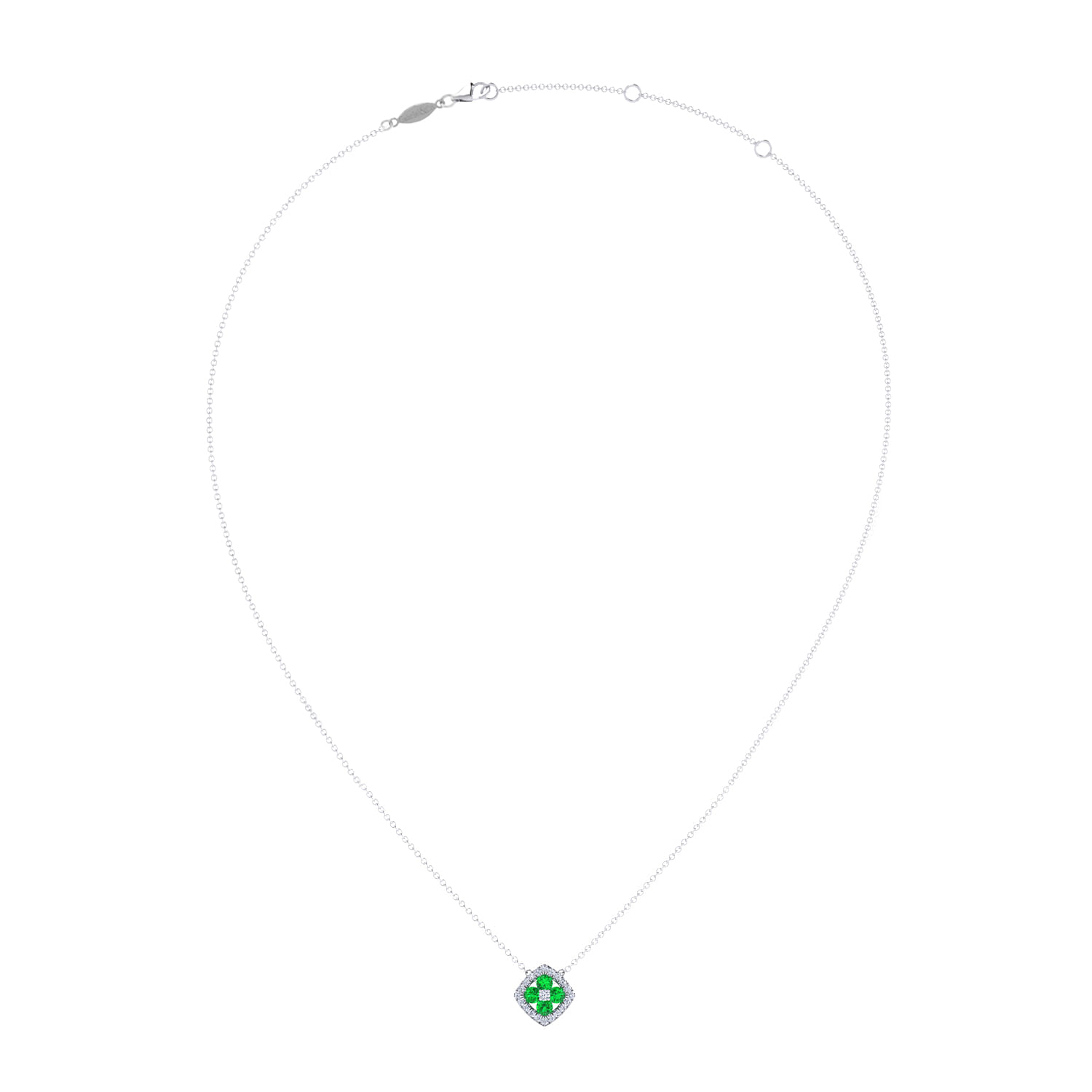 14K White Gold Emerald and Diamond Halo Floral Pendant Necklace