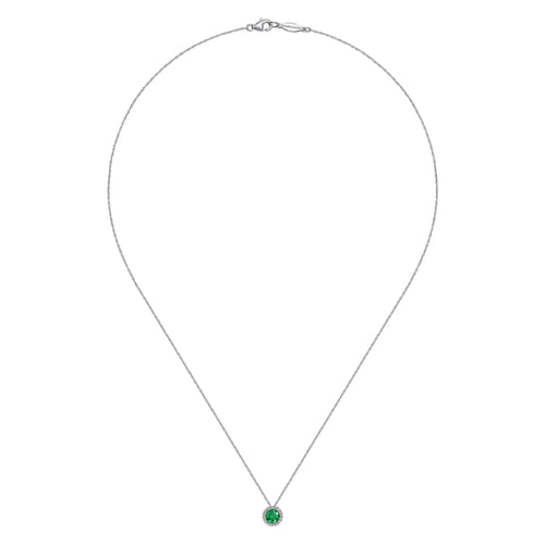 14K White Gold Emerald and Diamond Halo Pendant Necklace