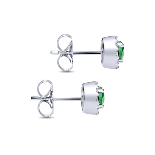 14K White Gold Emerald and Diamond Halo Stud Earrings