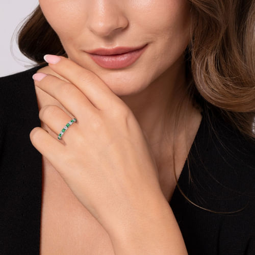 14K White Gold Emerald and Diamond Stackable Band