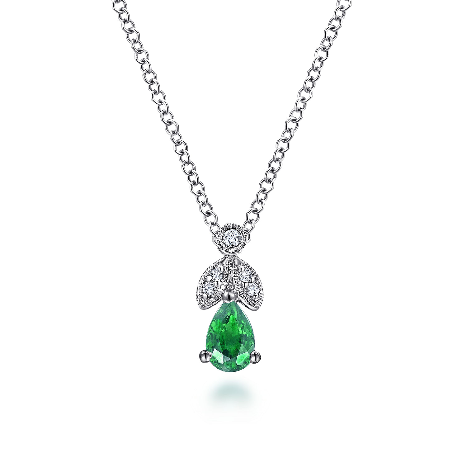 14K White Gold Emerald and Diamond Teardrop Pendant Necklace