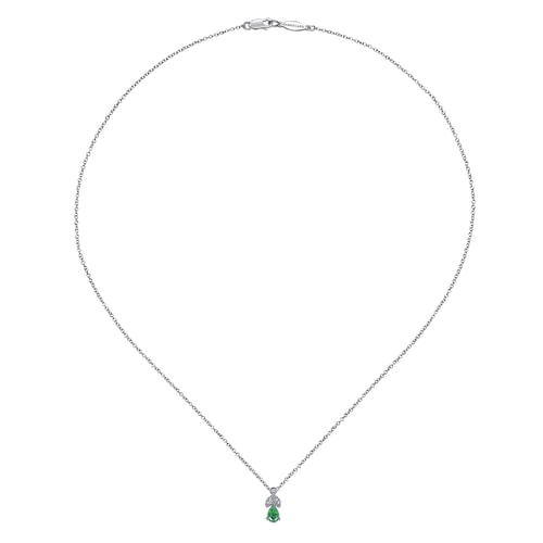 14K White Gold Emerald and Diamond Teardrop Pendant Necklace