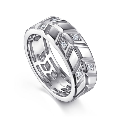 14K White Gold Faceted Diamond Fashion Men's Ring