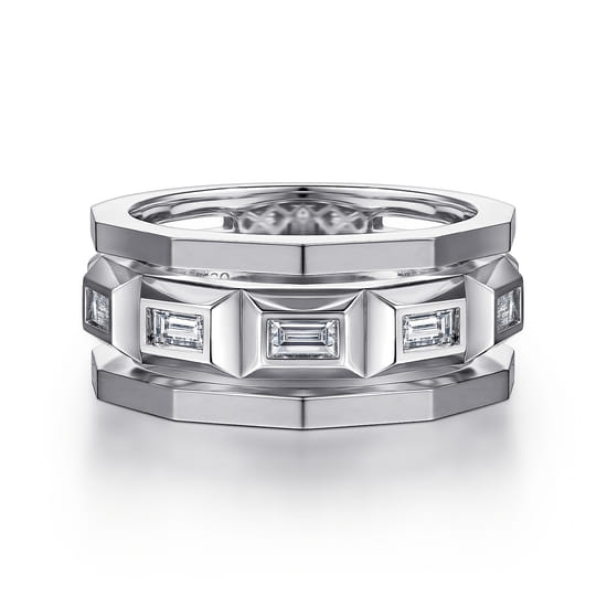 14K White Gold Faceted Ring with Diamond Baguettes in High Polished Finish