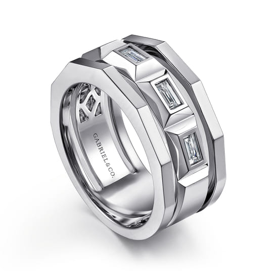 14K White Gold Faceted Ring with Diamond Baguettes in High Polished Finish angle 3