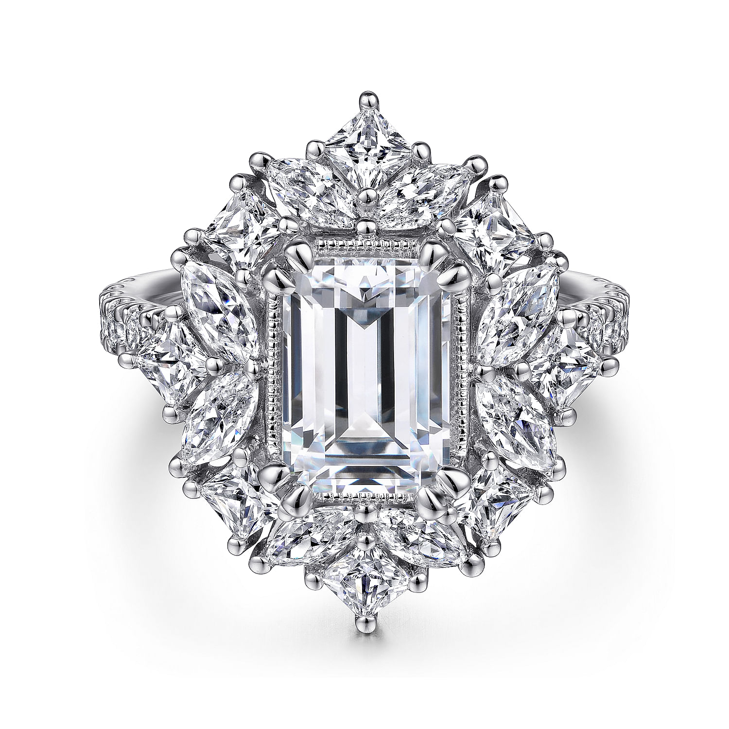 Gabriel - 14K White Gold Fancy Halo Emerald Cut Diamond Engagement Ring