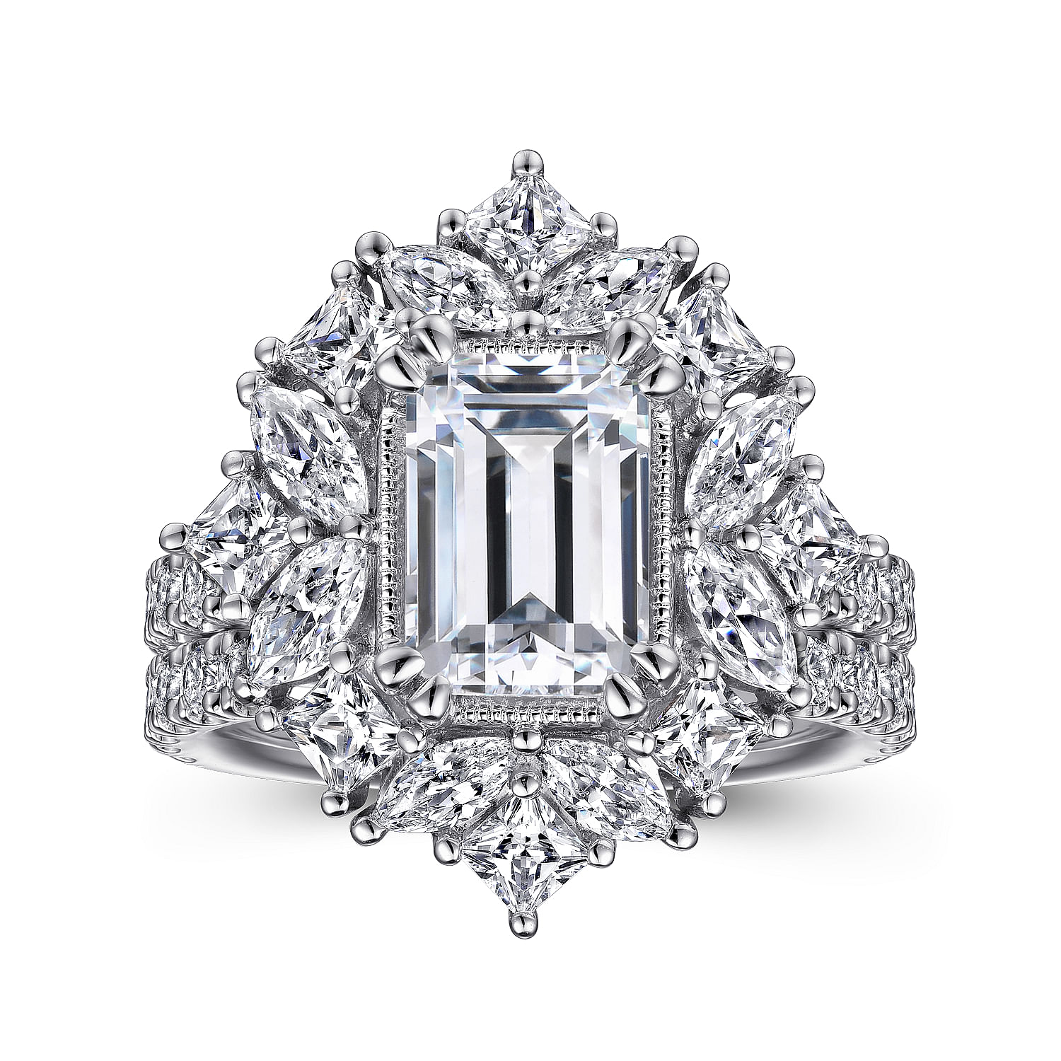 14K White Gold Fancy Halo Emerald Cut Diamond Engagement Ring