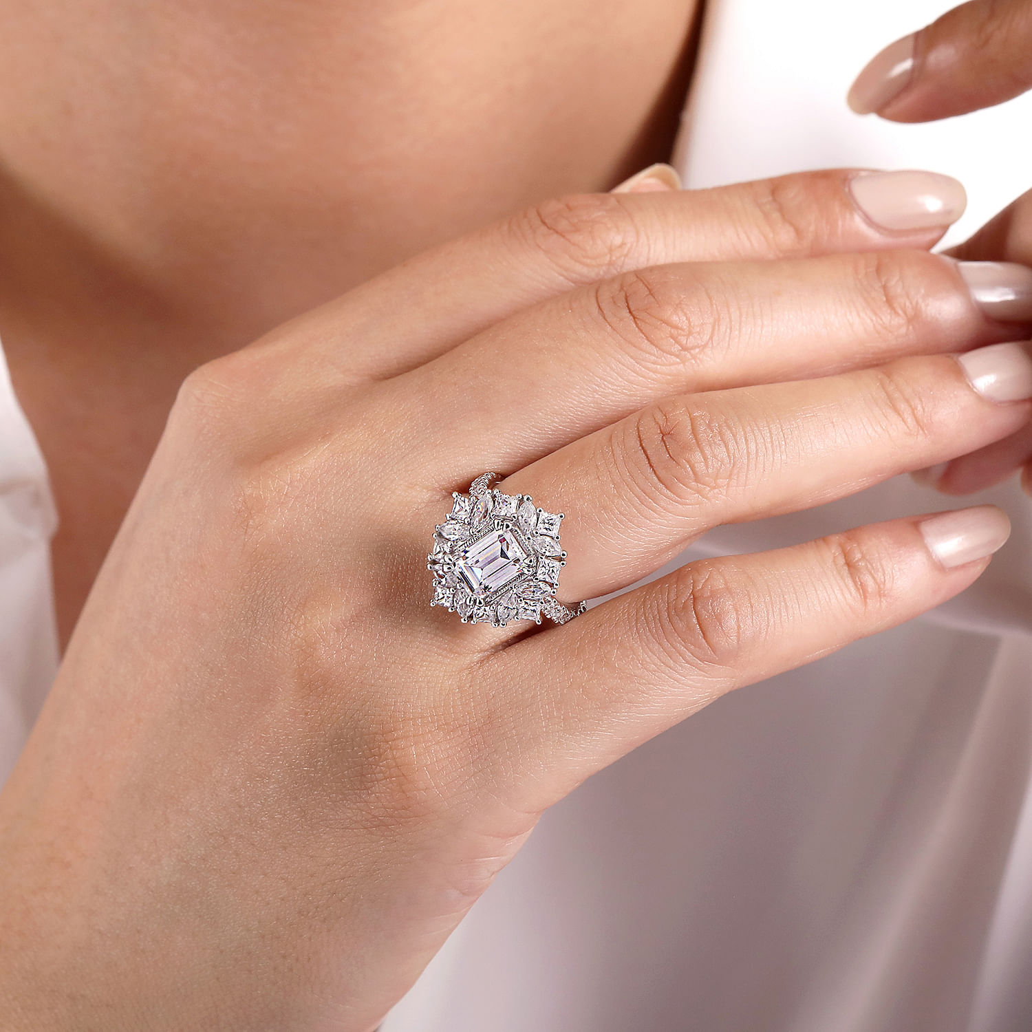 14K White Gold Fancy Halo Emerald Cut Diamond Engagement Ring