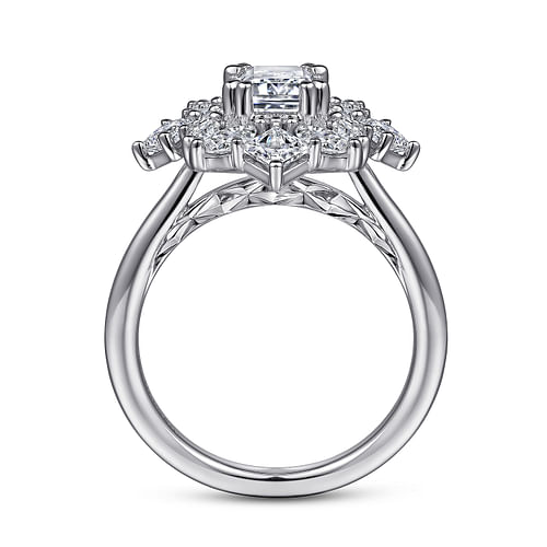 14K White Gold Fancy Halo Emerald Cut Diamond Engagement Ring