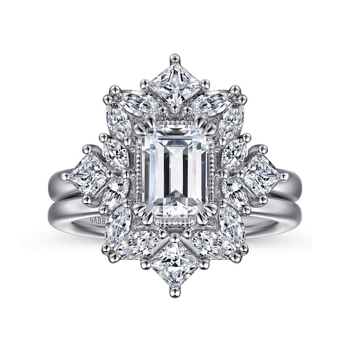 14K White Gold Fancy Halo Emerald Cut Diamond Engagement Ring