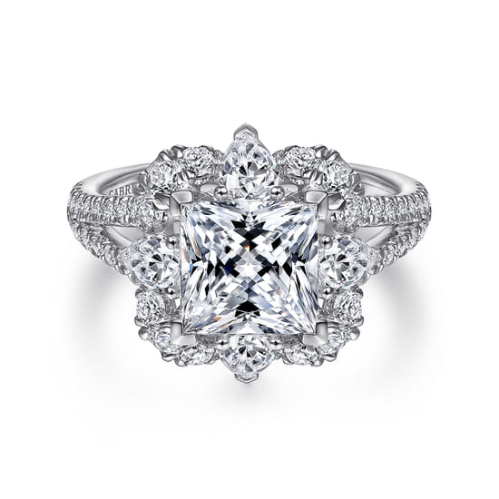14K White Gold Fancy Halo Princess Cut Diamond Engagement Ring