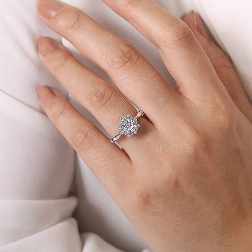 14K White Gold Fancy Halo Round Diamond Engagement Ring