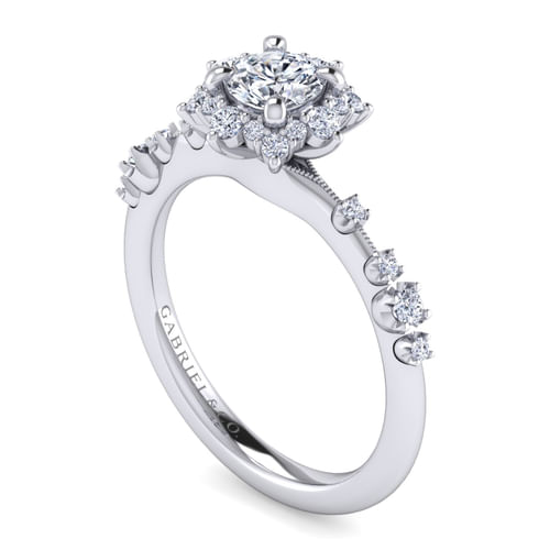 14K White Gold Fancy Halo Round Diamond Engagement Ring