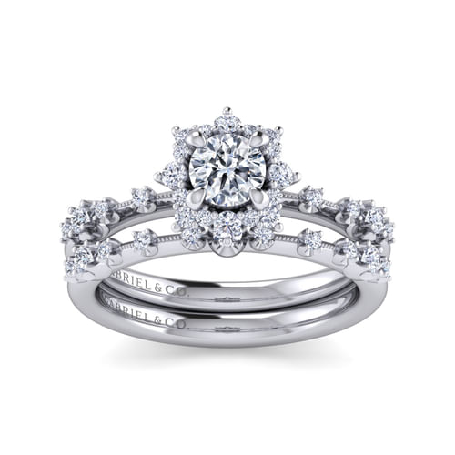 14K White Gold Fancy Halo Round Diamond Engagement Ring
