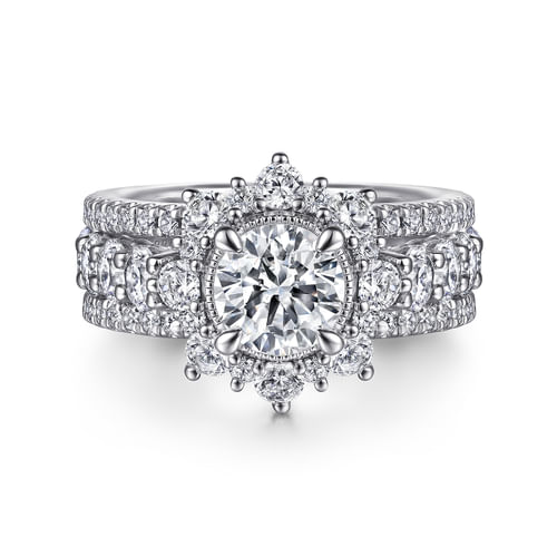 14K White Gold Fancy Halo Round Diamond Engagement Ring