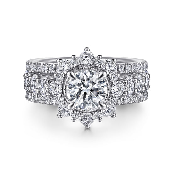 Gabriel - 14K White Gold Fancy Halo Round Diamond Engagement Ring