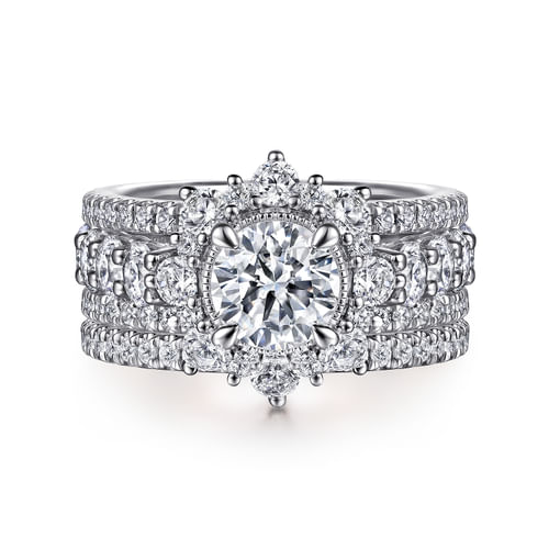 14K White Gold Fancy Halo Round Diamond Engagement Ring