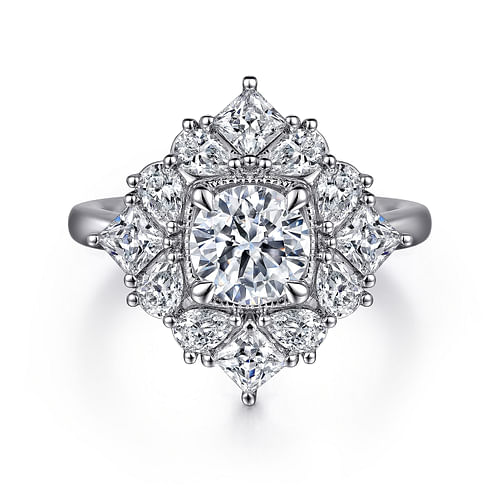 14K White Gold Fancy Halo Round Diamond Engagement Ring