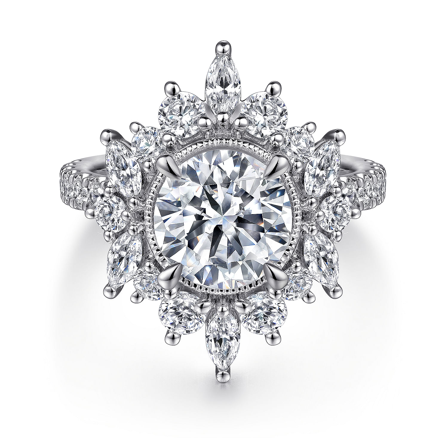 Gabriel - 14K White Gold Fancy Halo Round Diamond Engagement Ring