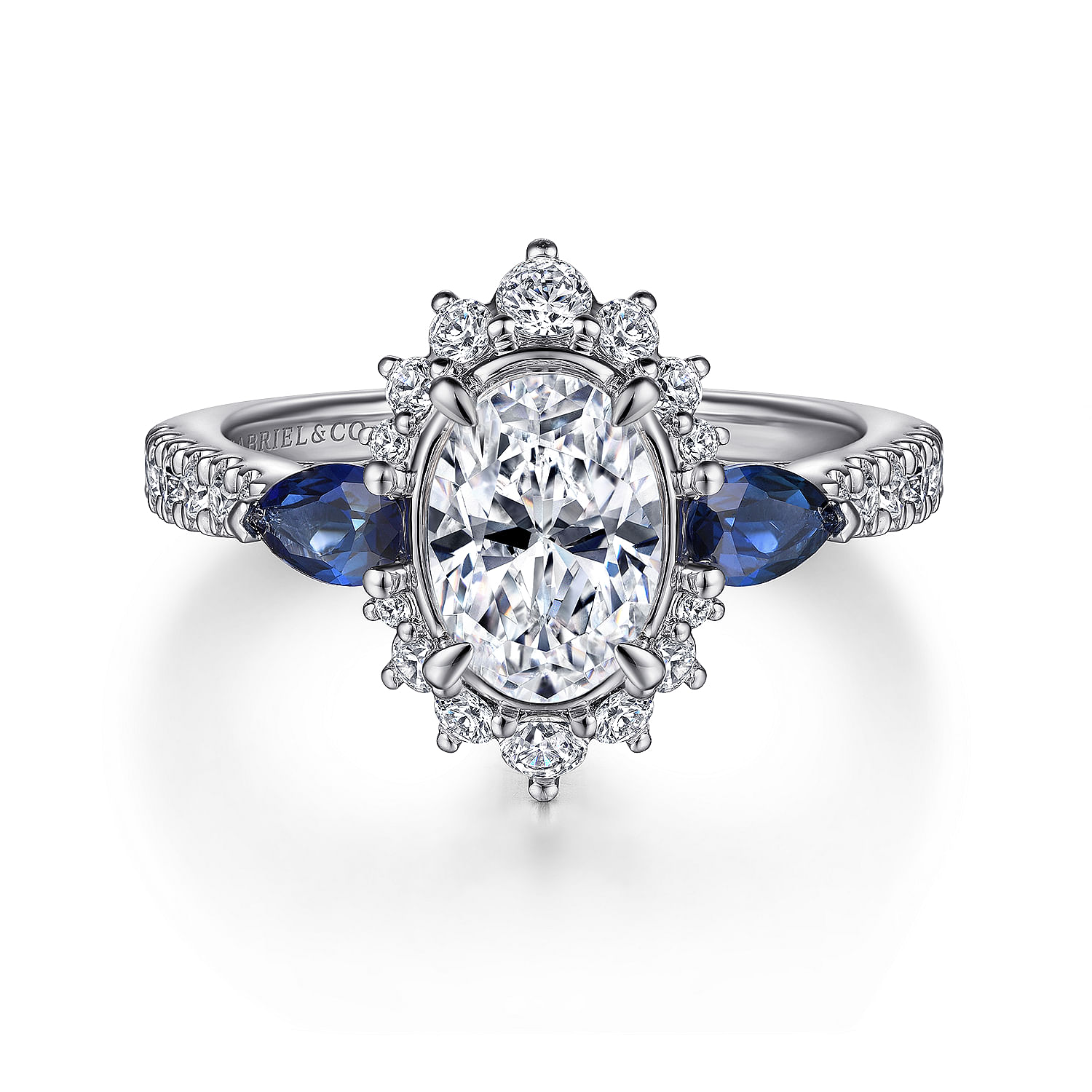 Gabriel - 14K White Gold Fancy Three Stone Halo Sapphire and Diamond Engagement Ring
