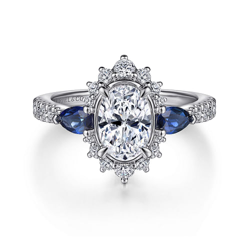 14K White Gold Fancy Three Stone Halo Sapphire and Diamond Engagement Ring