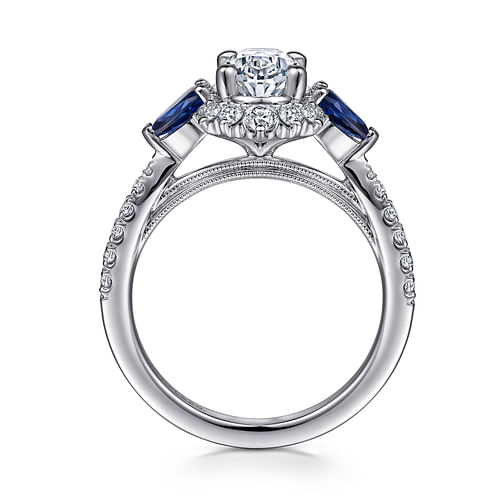 14K White Gold Fancy Three Stone Halo Sapphire and Diamond Engagement Ring