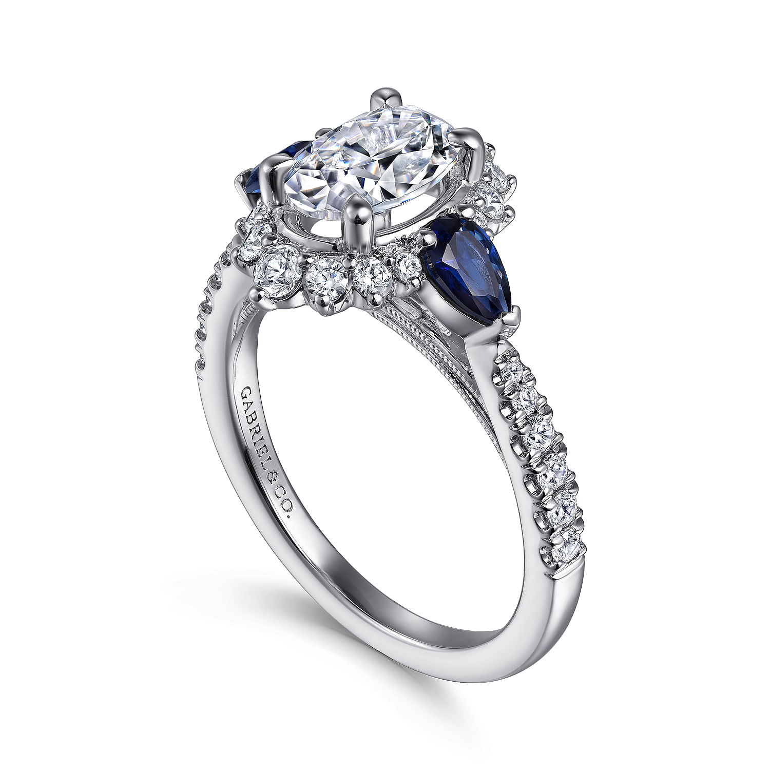 14K White Gold Fancy Three Stone Halo Sapphire and Diamond Engagement Ring