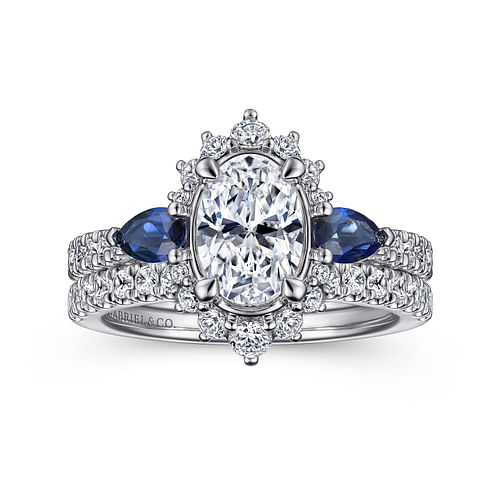 14K White Gold Fancy Three Stone Halo Sapphire and Diamond Engagement Ring