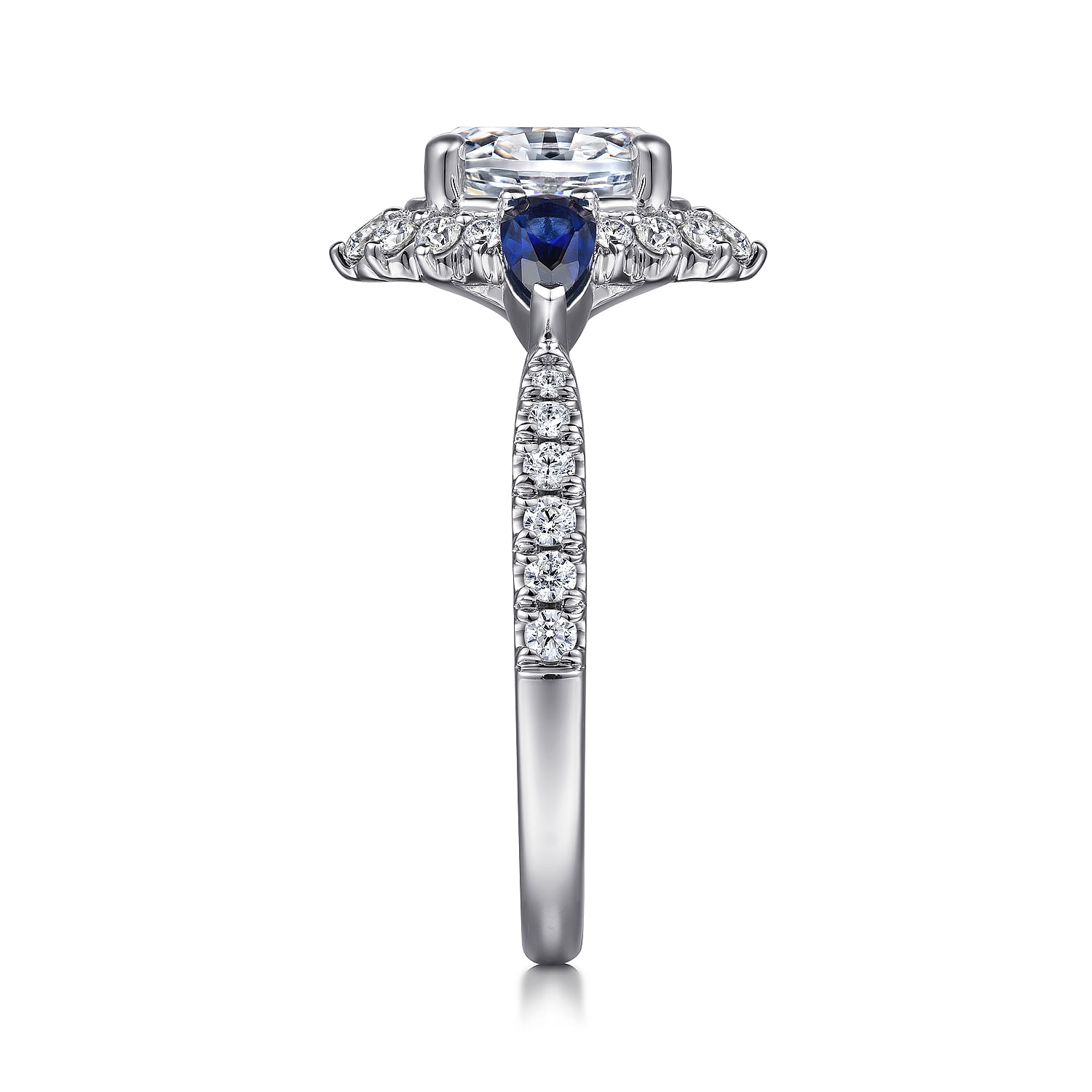 14K White Gold Fancy Three Stone Halo Sapphire and Diamond Engagement Ring