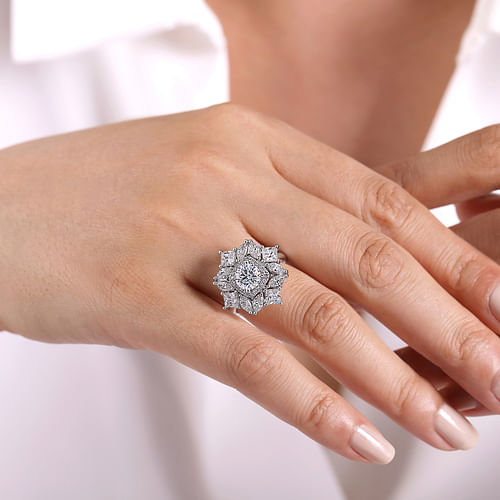 14K White Gold Fancy halo Round Diamond Engagement Ring