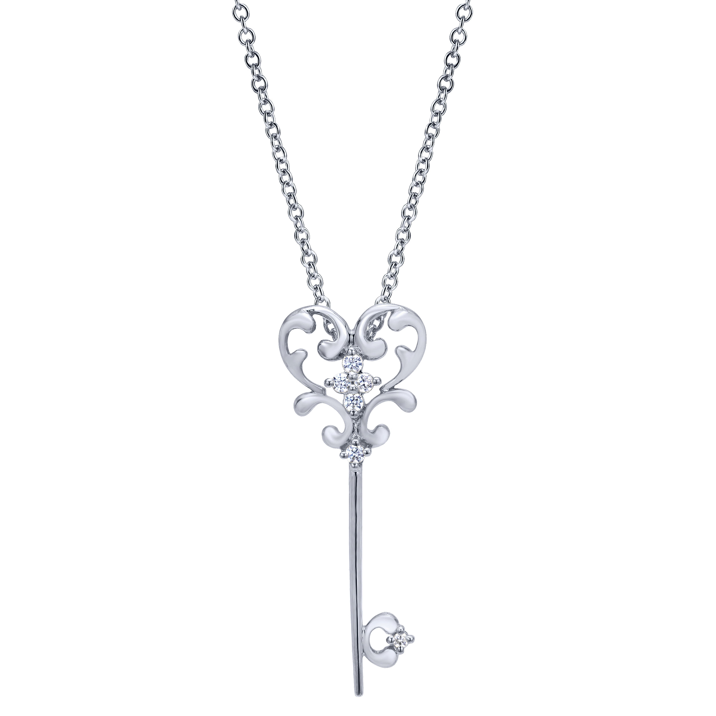 14K White Gold Filigree Diamond Heart Key Pendant Necklace