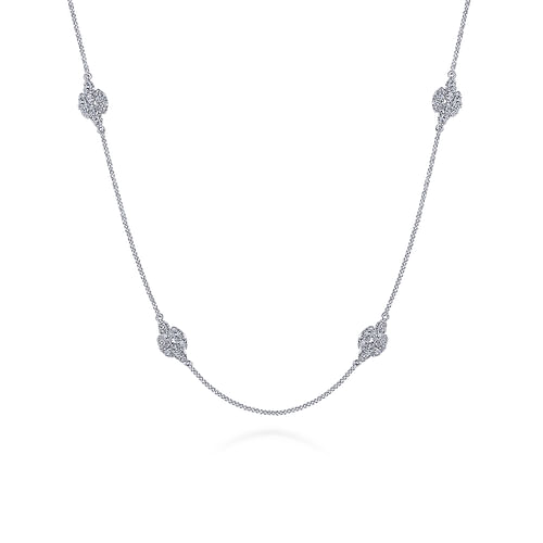 14K White Gold Filigree Diamond Station Necklace