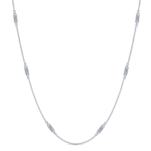 14K White Gold Filigree Diamond Station Necklace