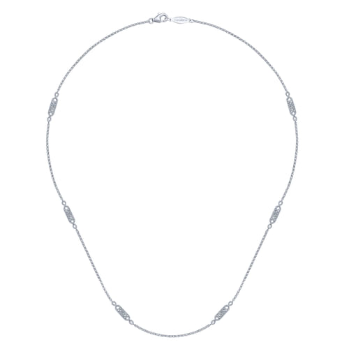 14K White Gold Filigree Diamond Station Necklace