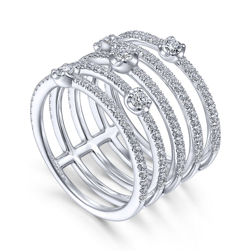 14K White Gold Five Row Diamond Station Wide Band