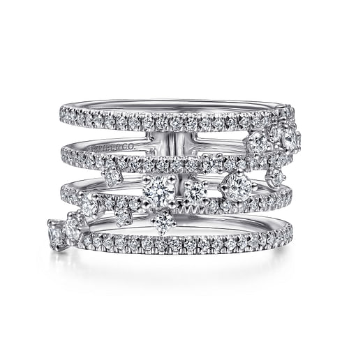 14K White Gold Five Row Pavé Ring with Cluster Diamond Accent